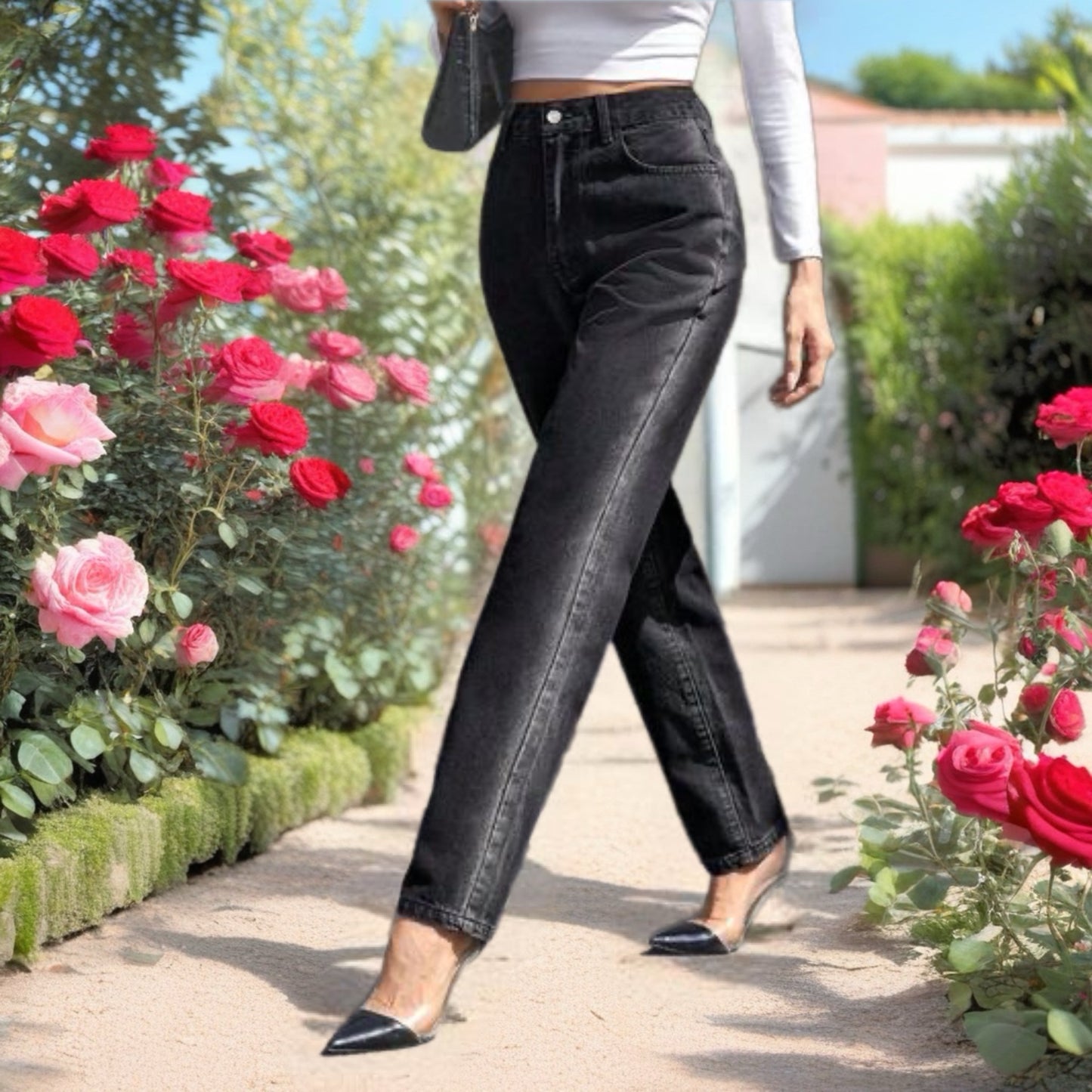 Black Straight Leg Denim Jeans with Pockets