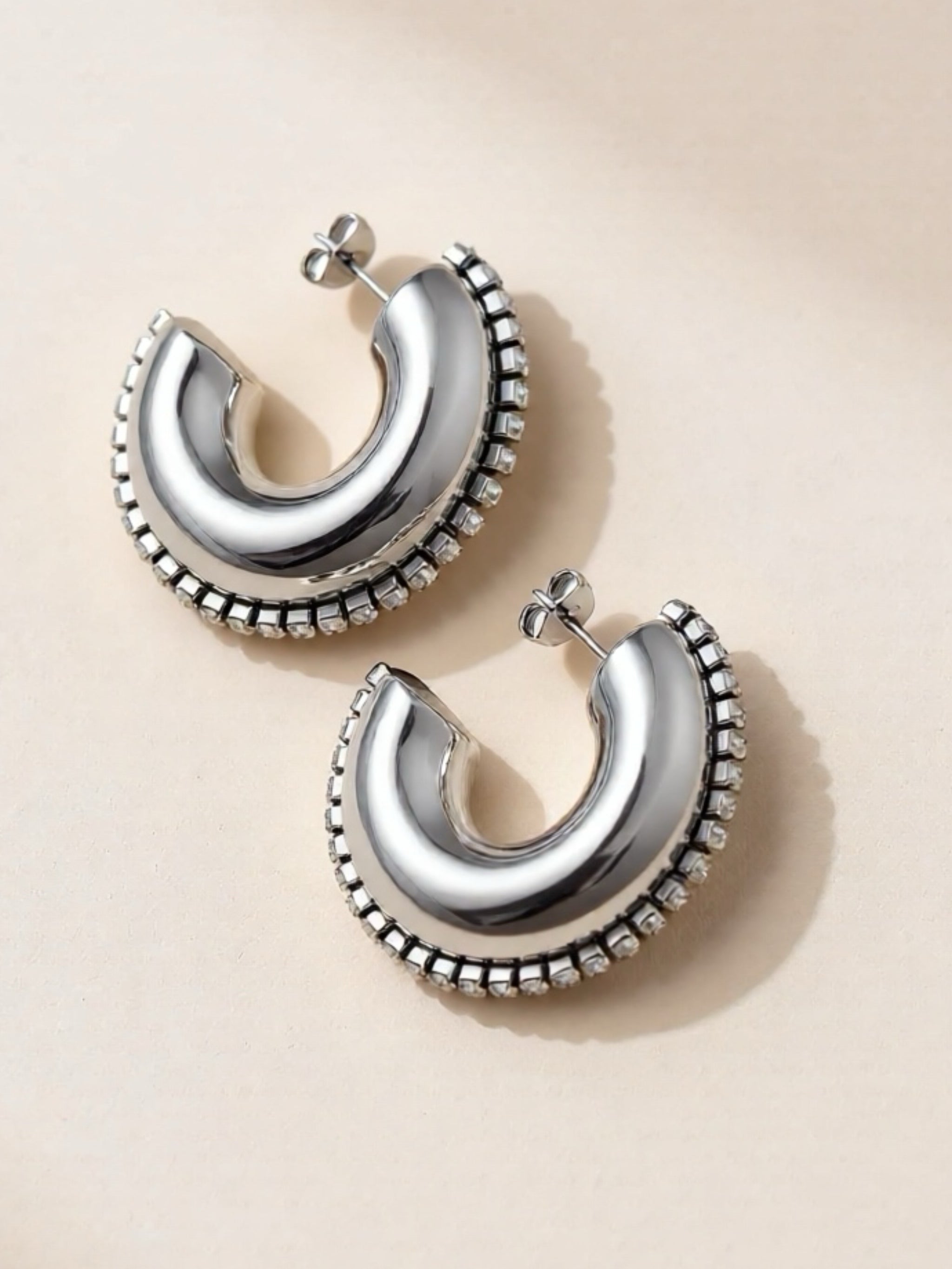 Titanium Steel Inlaid CZ C-Hoop Earrings