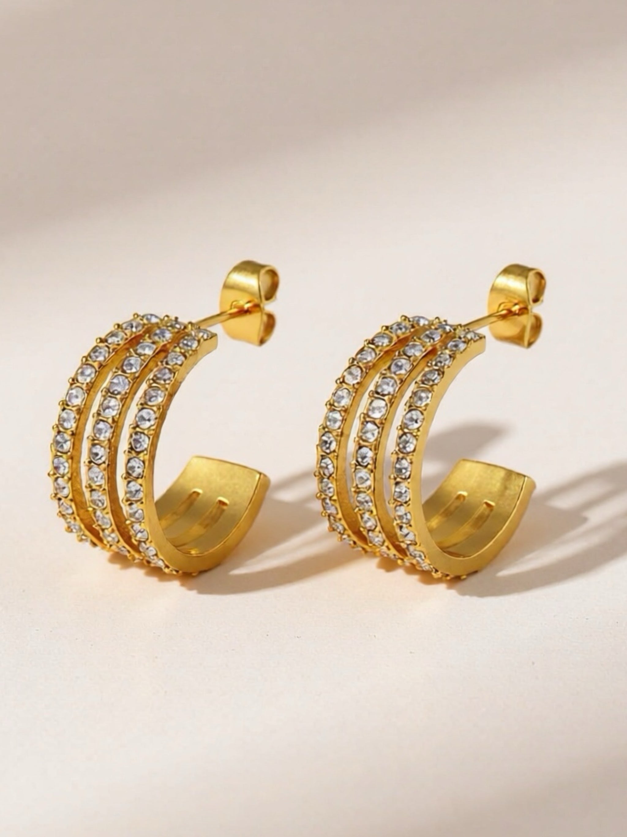 Gold Stainless Steel Inlaid CZ C-Hoop Earrings