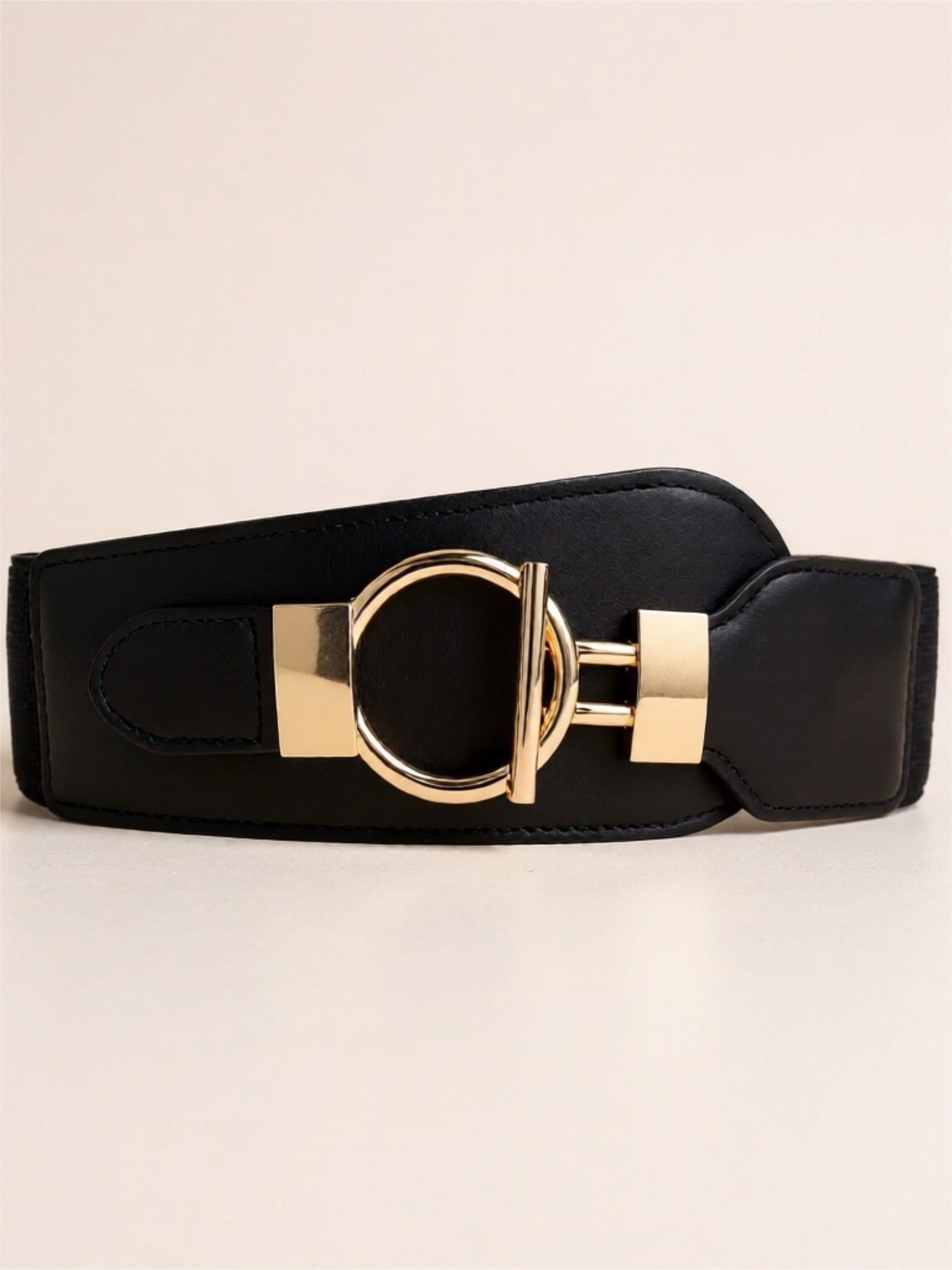 Vegan Leather Elastic Wide Belt with Alloy Buckle