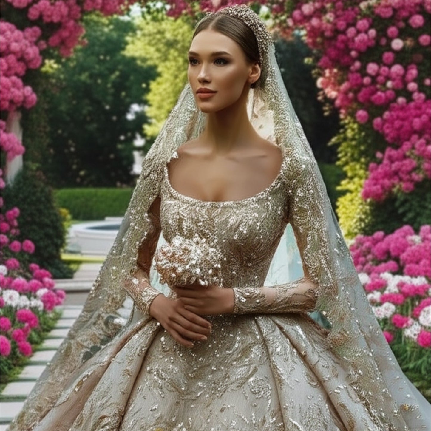 Long Sleeve Beaded Ball Gown Wedding Dress