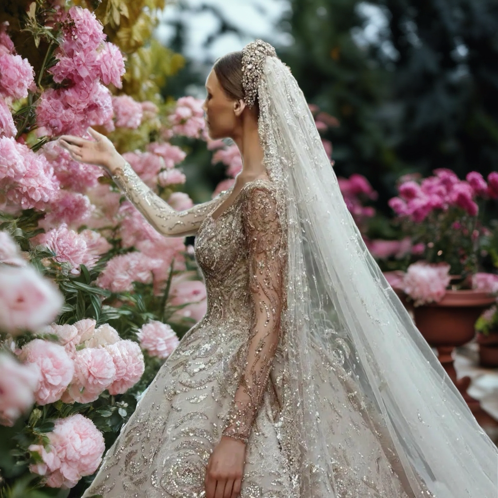 Long Sleeve Beaded Ball Gown Wedding Dress