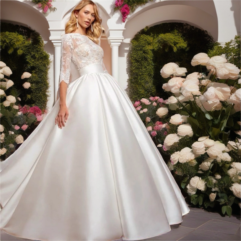 Satin & Lace Long-Sleeved Wedding Dress