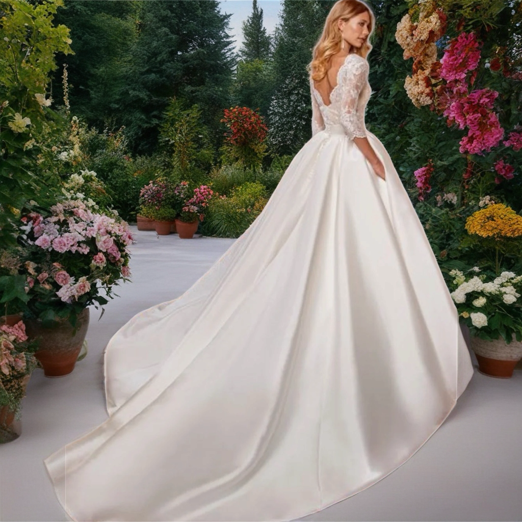 Satin & Lace Long-Sleeved Wedding Dress
