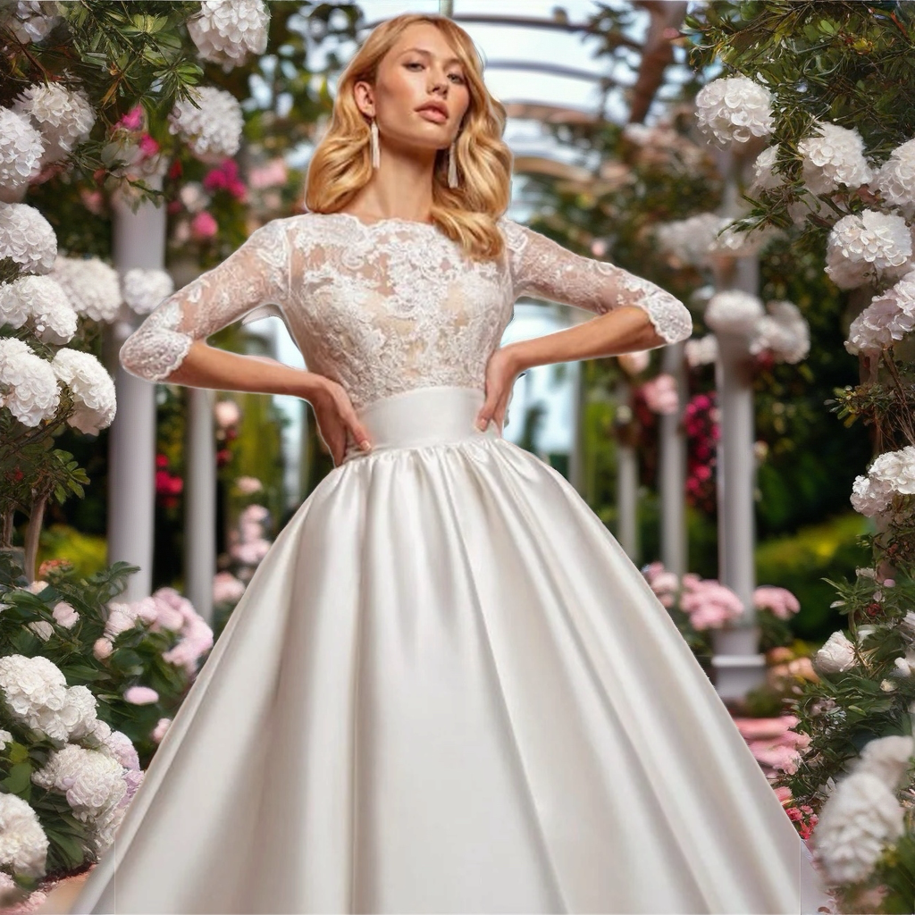 Satin & Lace Long-Sleeved Wedding Dress