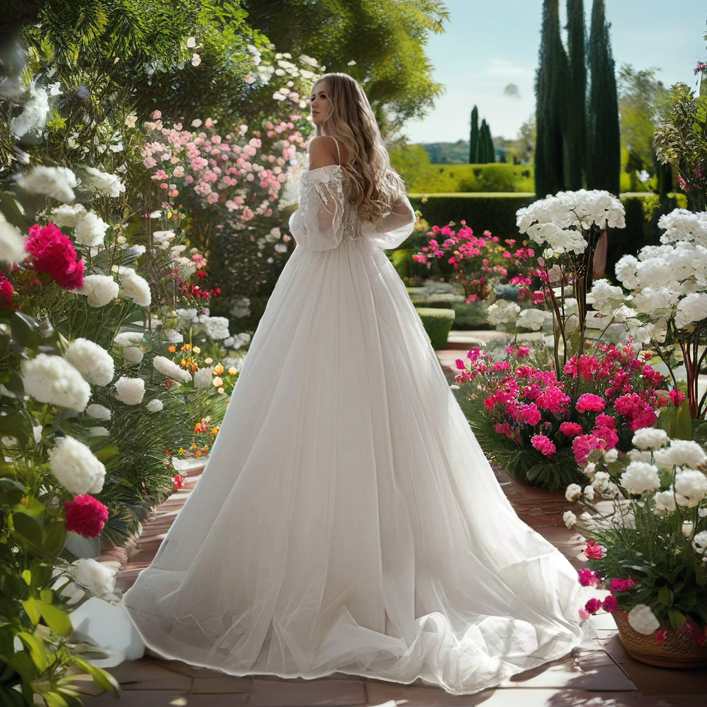 Elegant Off The Shoulder Puff Sleeve Wedding Dress with Lace Flowers