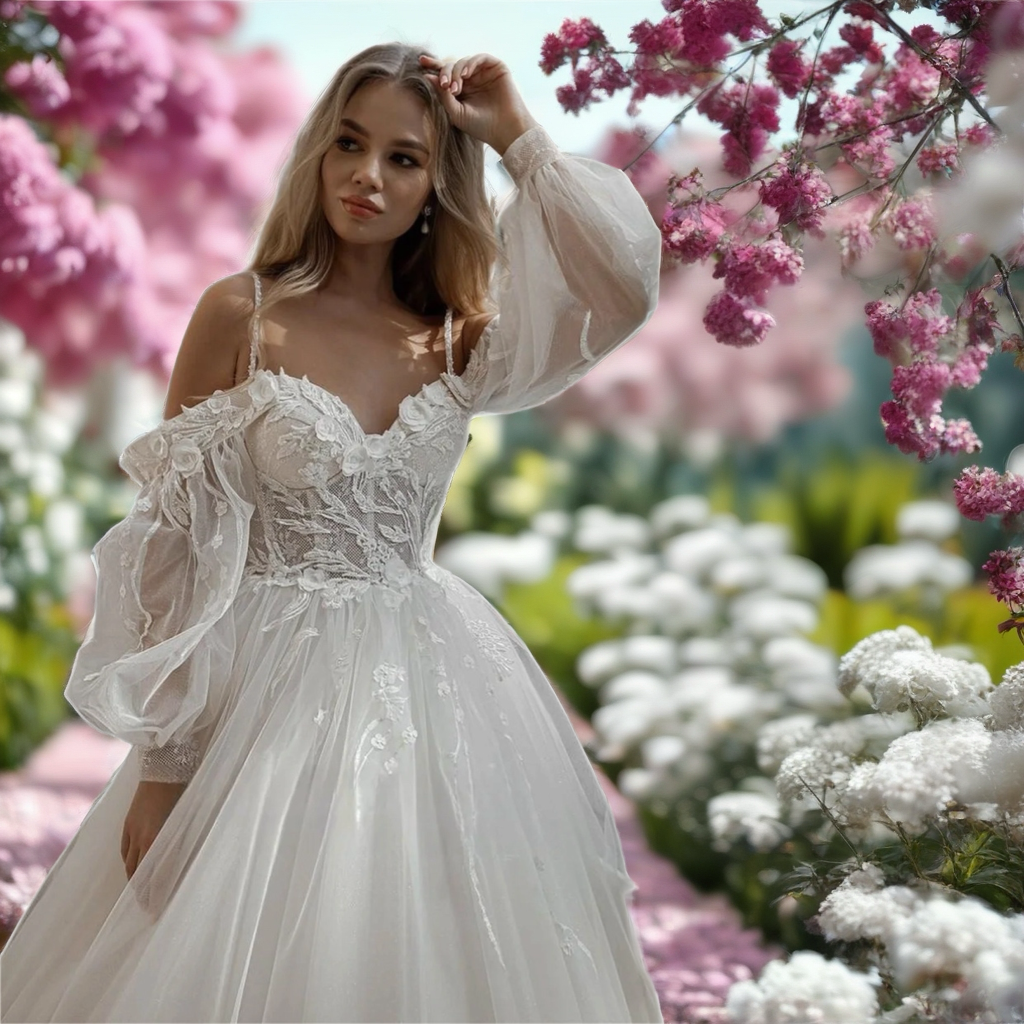 Elegant Off The Shoulder Puff Sleeve Wedding Dress with Lace Flowers