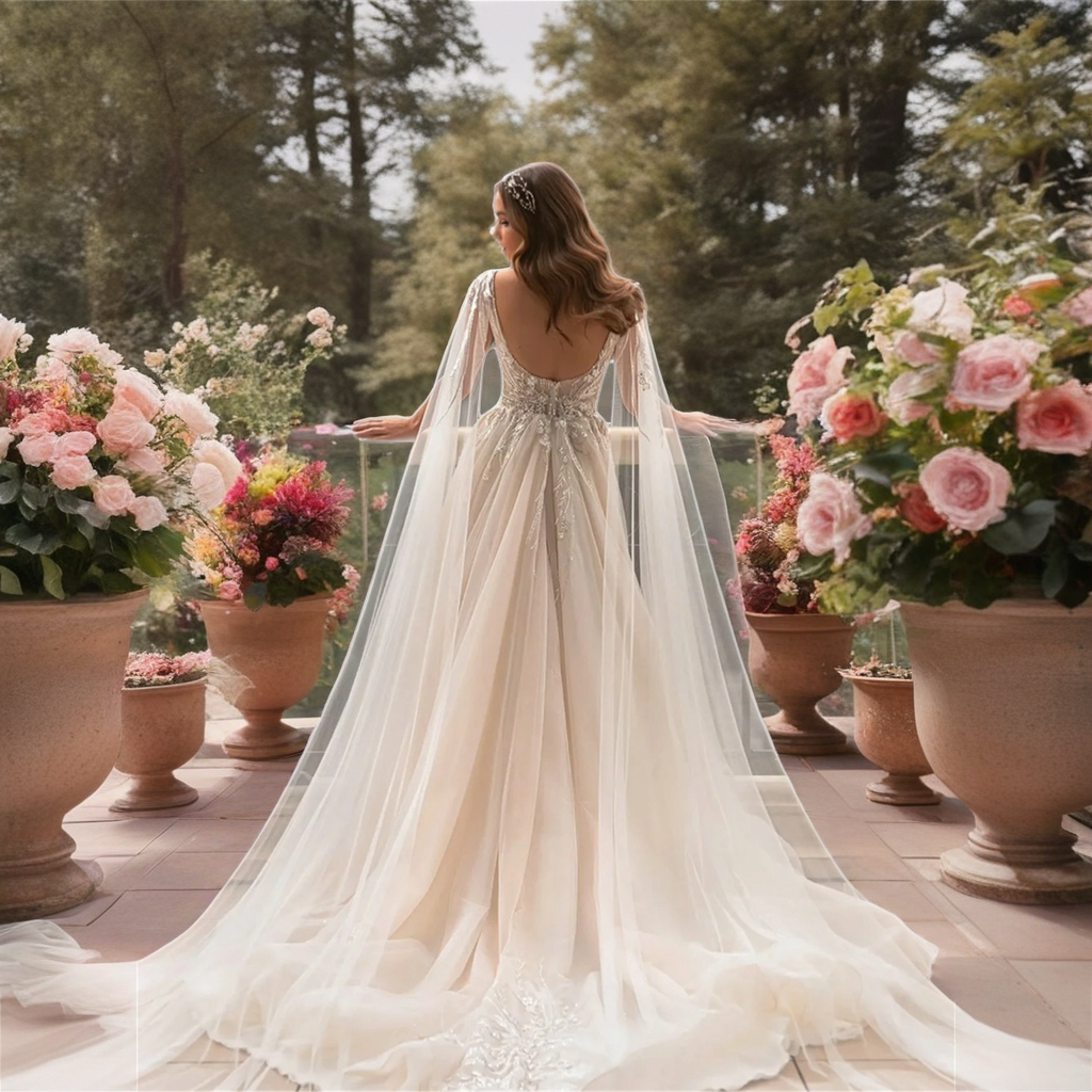 Deep V Neck Romantic Wedding Dress