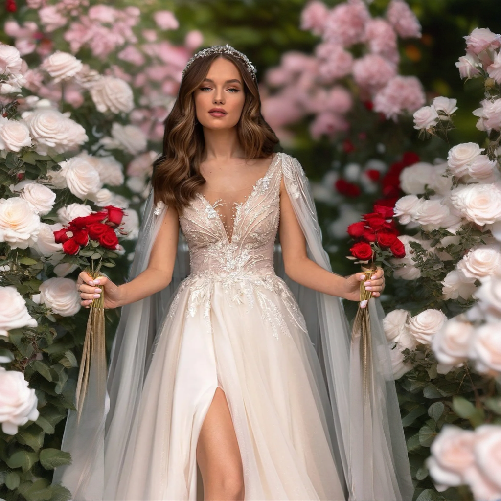 Deep V Neck Romantic Wedding Dress