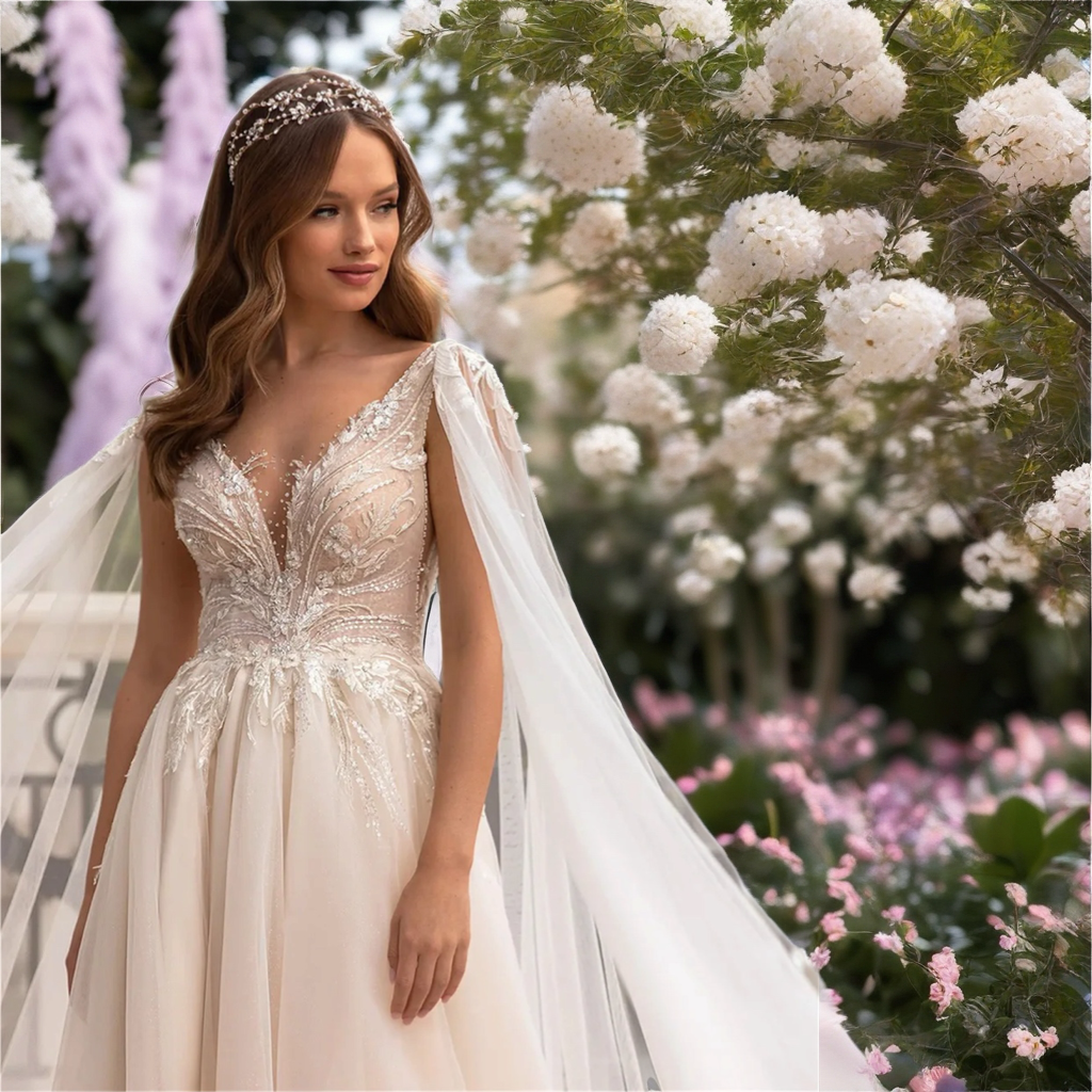 Deep V Neck Romantic Wedding Dress