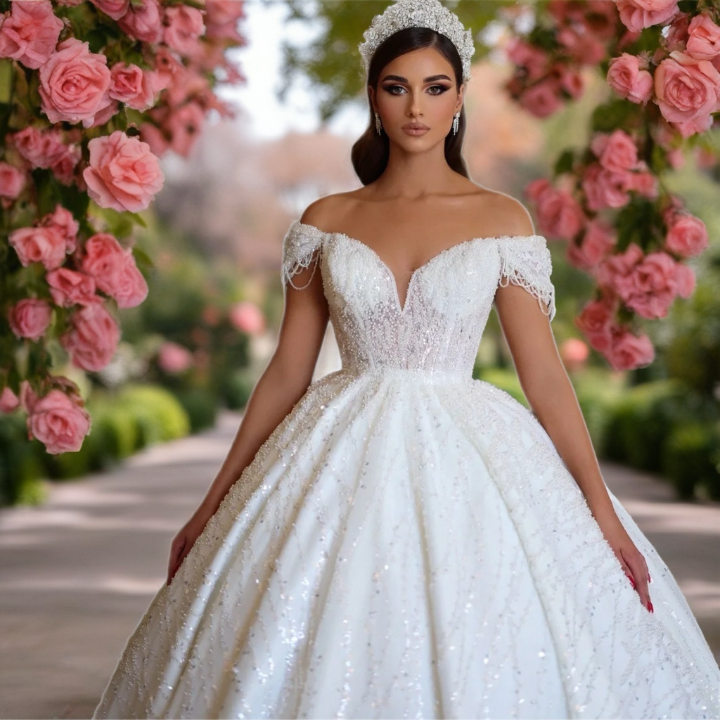 Off The Shoulder Lace Ball Gown Wedding Dress