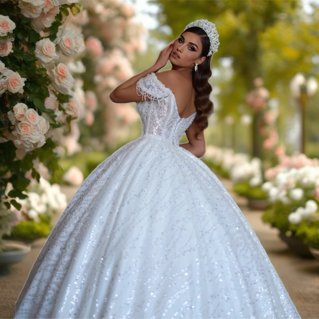 Off The Shoulder Lace Ball Gown Wedding Dress