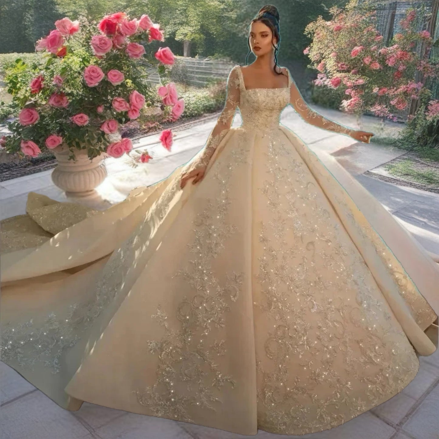 Crystal Beaded Long Sleeve Ball Gown Wedding Dress