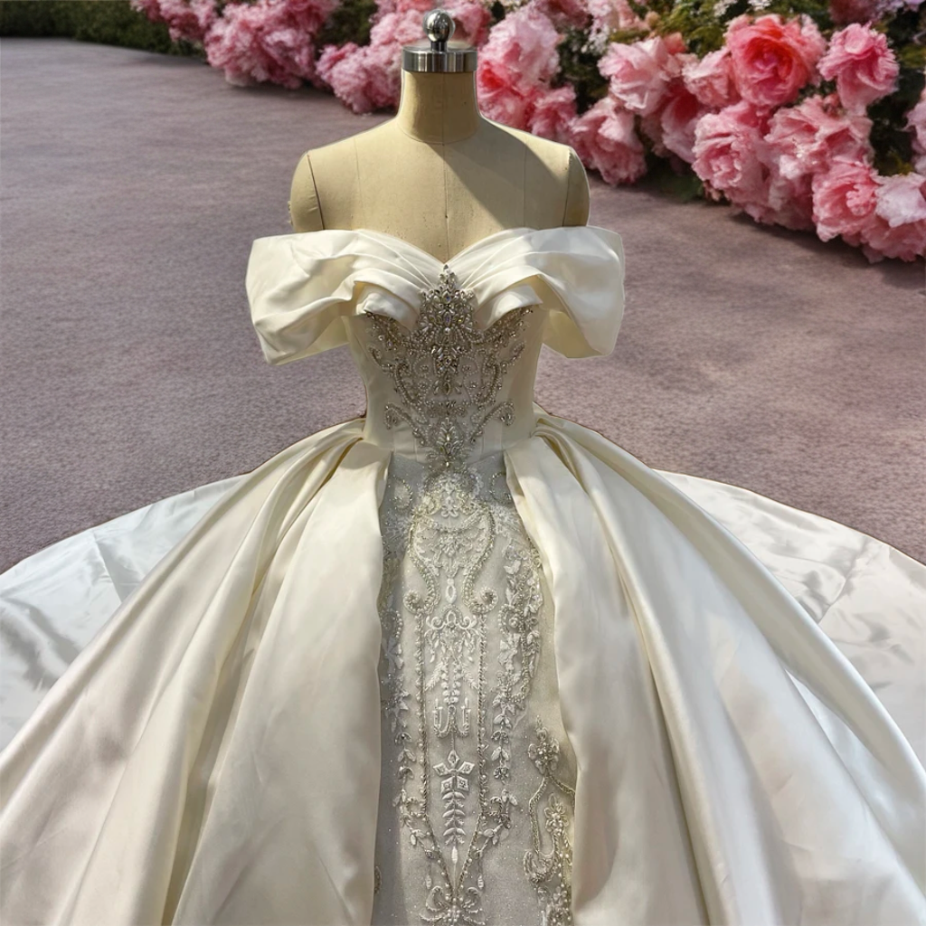 Off The Shoulder Beaded Ball Gown Wedding Dress
