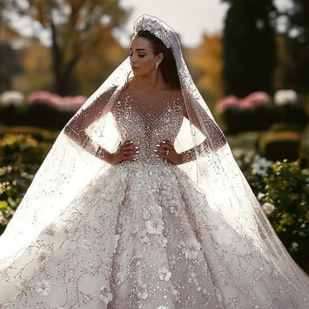 Long Sleeve Beaded Ball Gown Wedding Dress with 3D Flowers