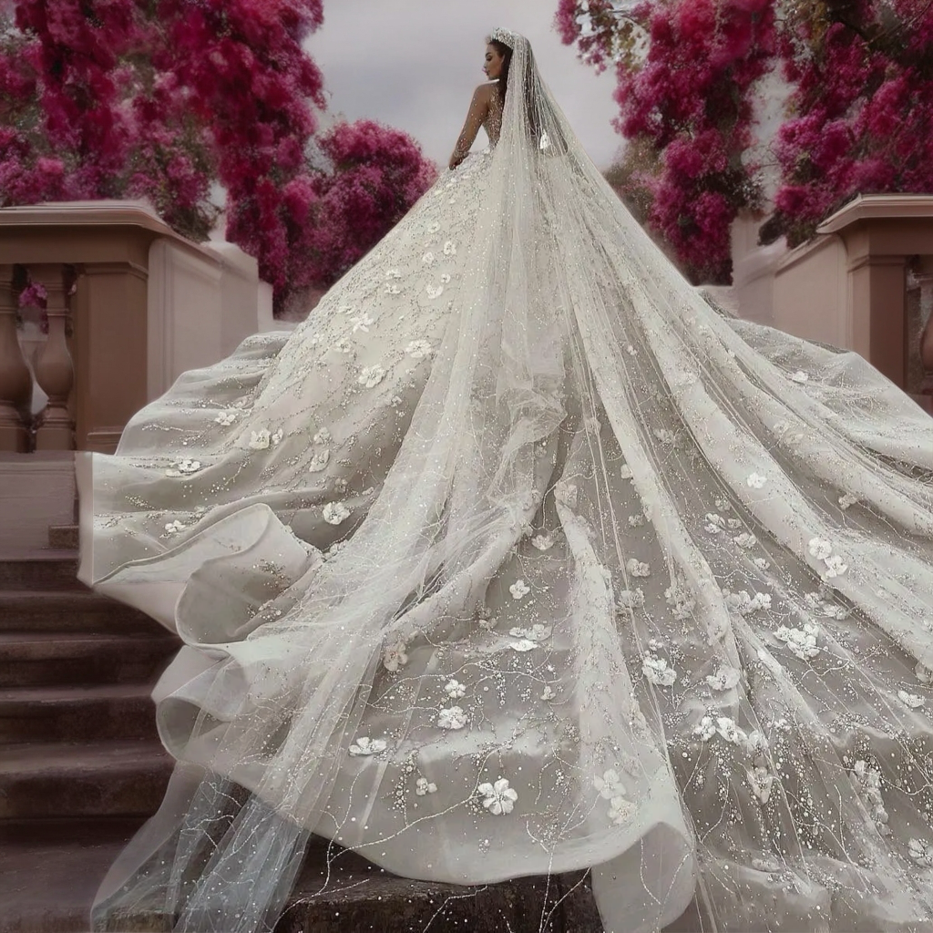 Long Sleeve Beaded Ball Gown Wedding Dress with 3D Flowers