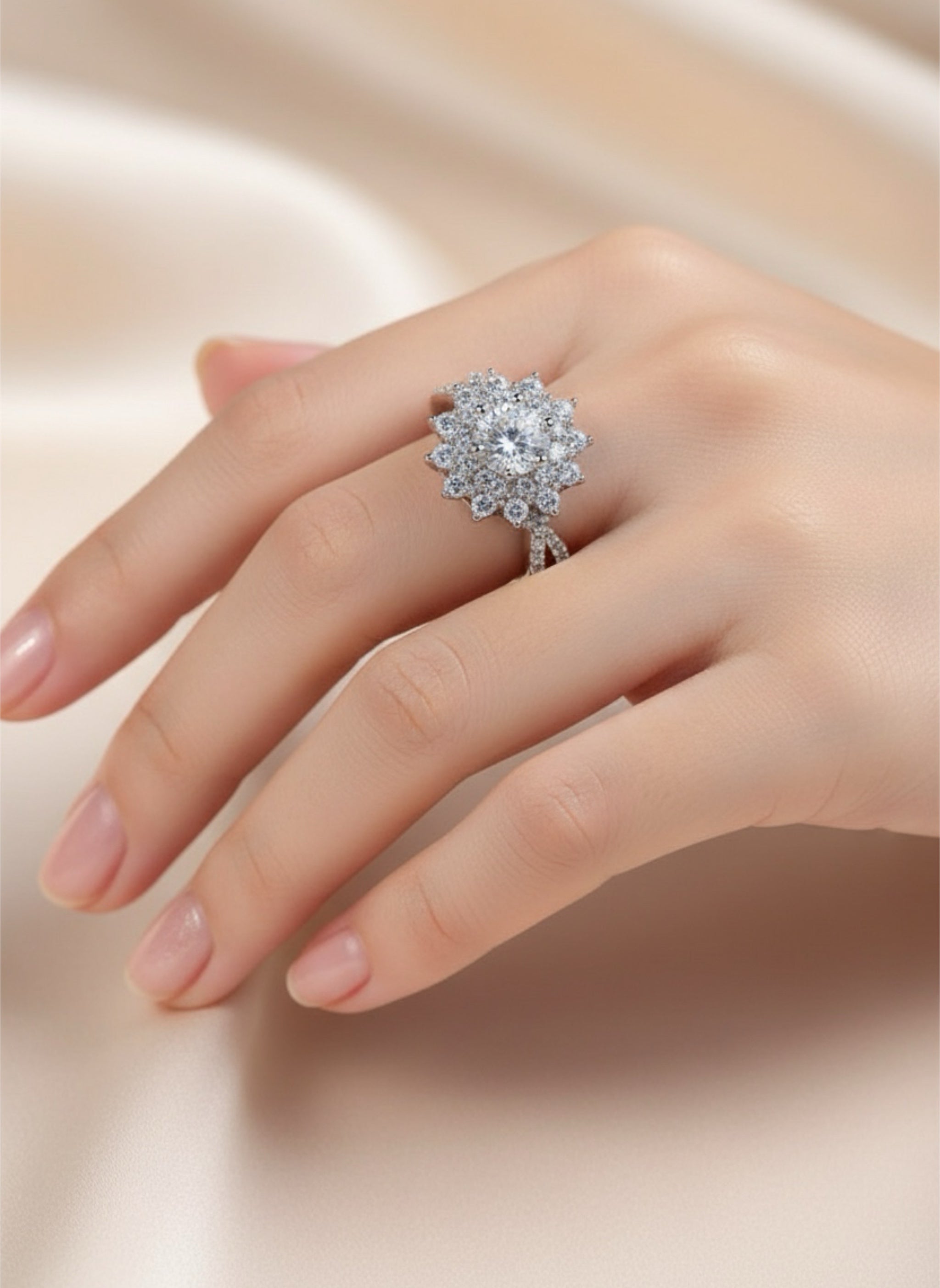 Moissanite Flower-Shape Split Shank 925 Sterling Silver Ring