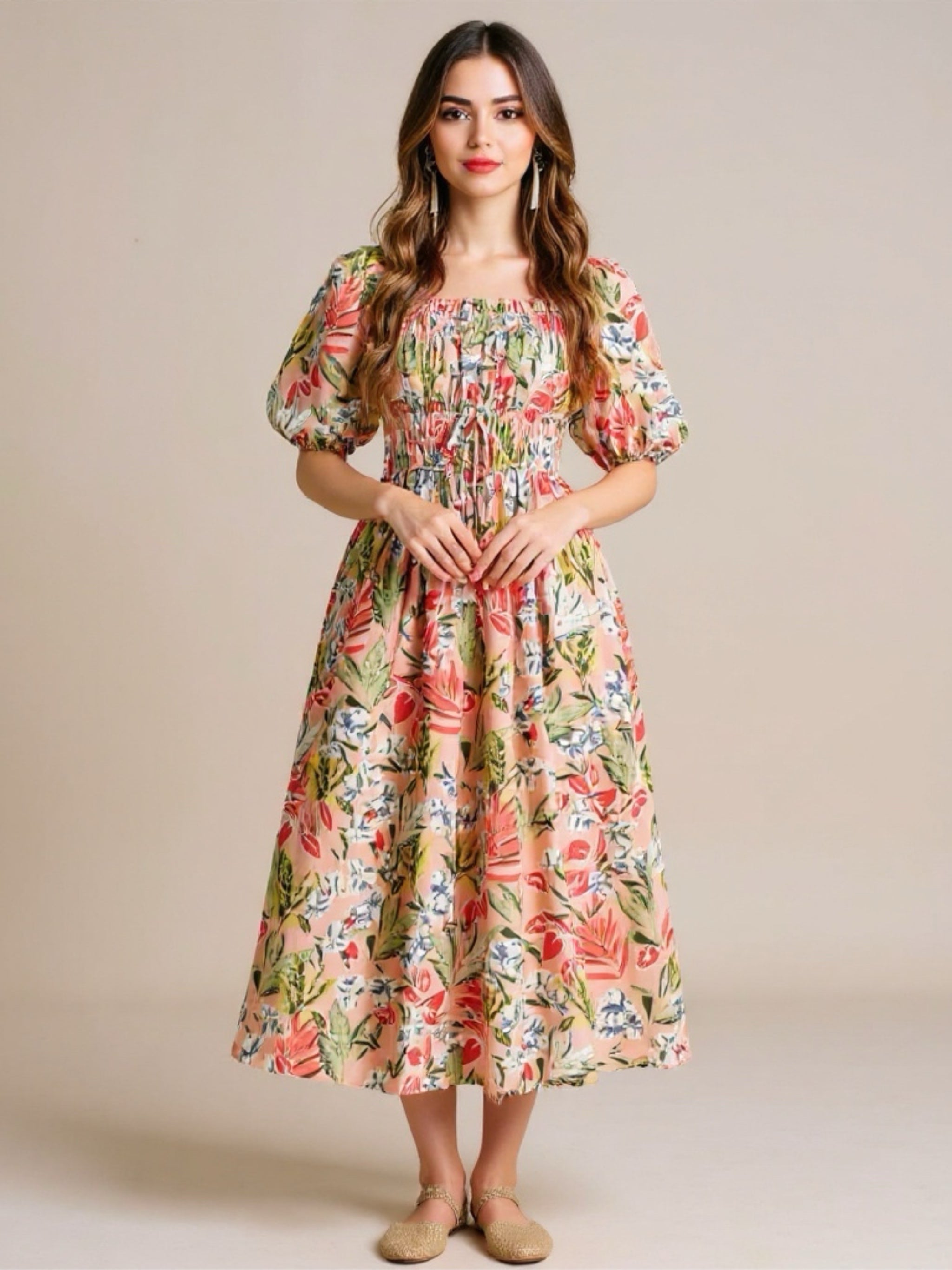 Floral Square Neck Puff Sleeve Midi Dress
