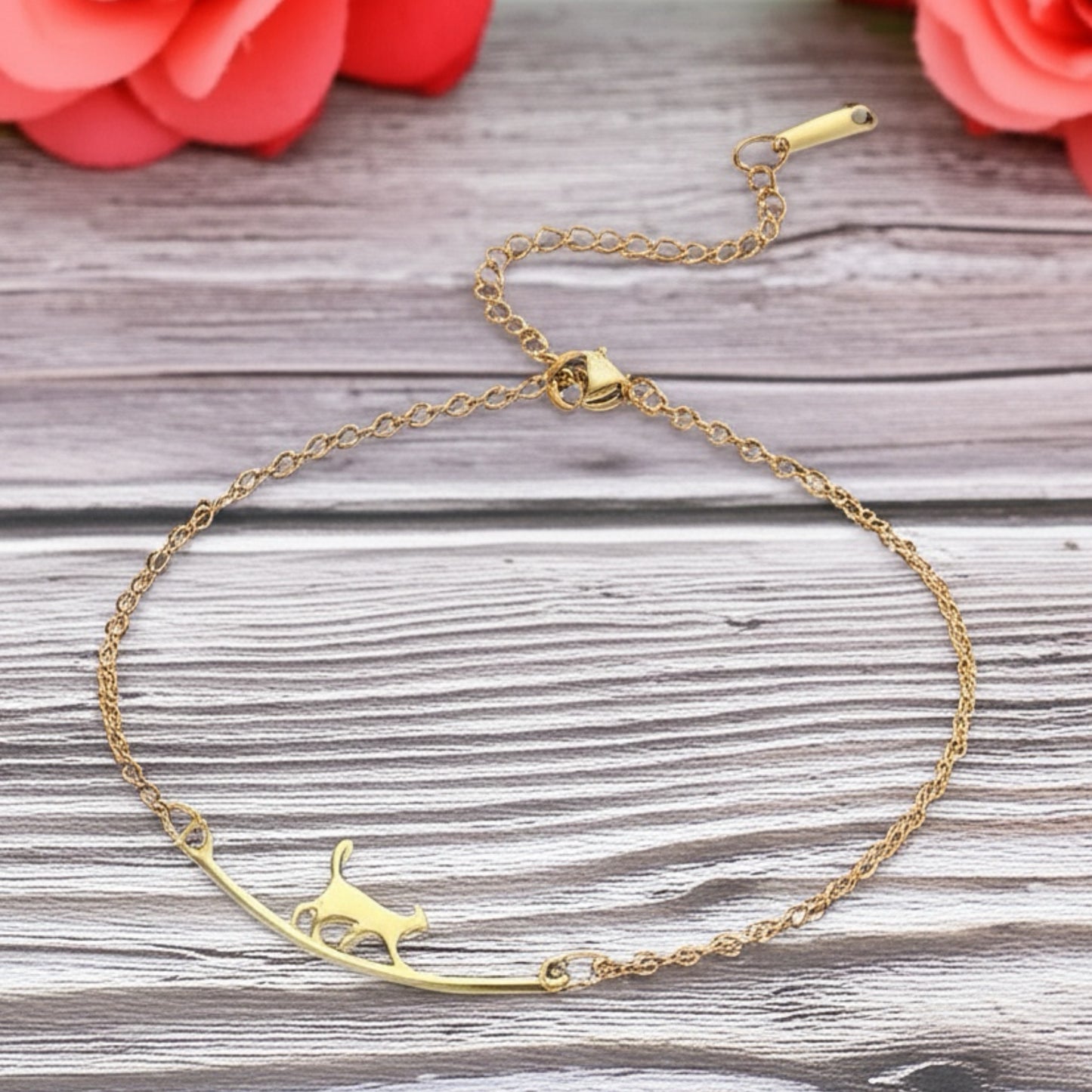 Gold or Silver Stainless Steel Cat Charm Anklet