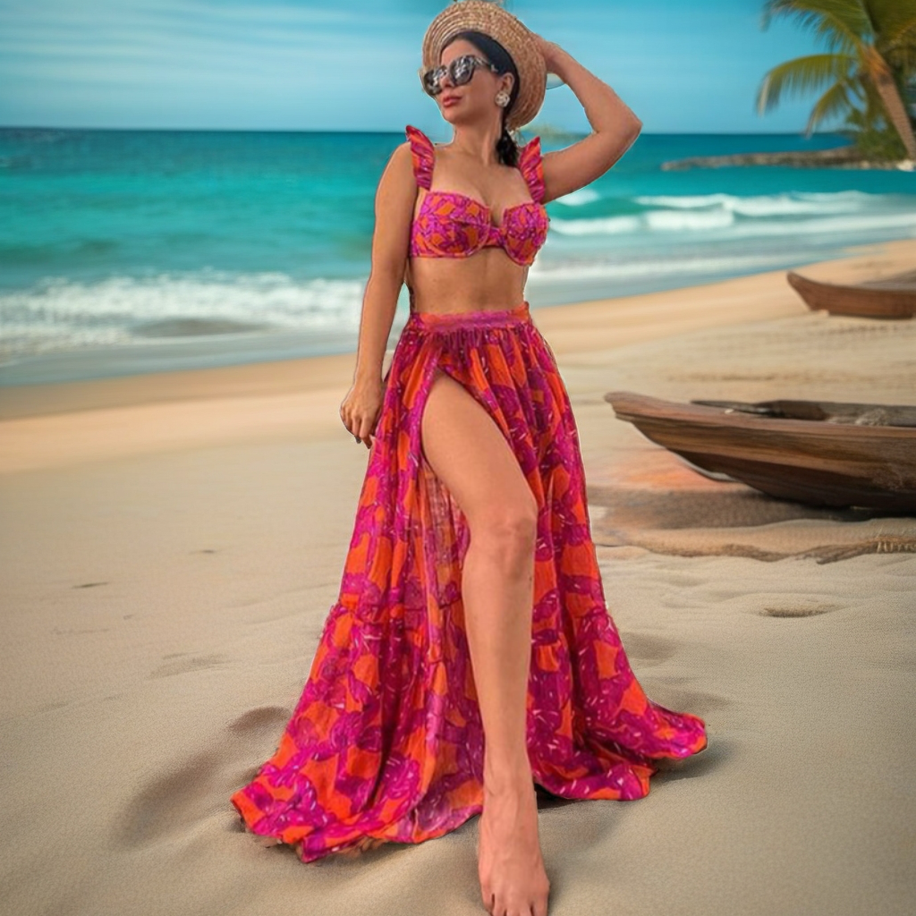 Three Piece Pink Bikini & Skirt Cover Up Set