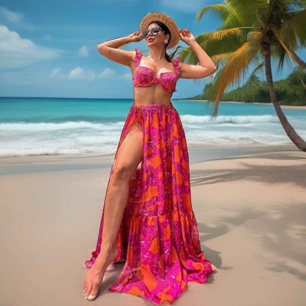 Three Piece Pink Bikini & Skirt Cover Up Set