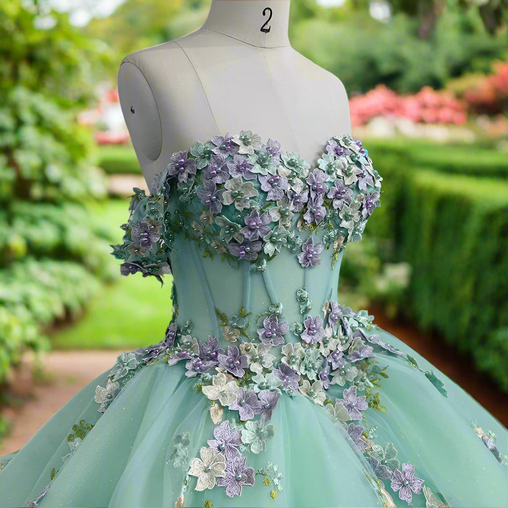 Teal Off The Shoulder Quinceanera Gown with 3D Flowers