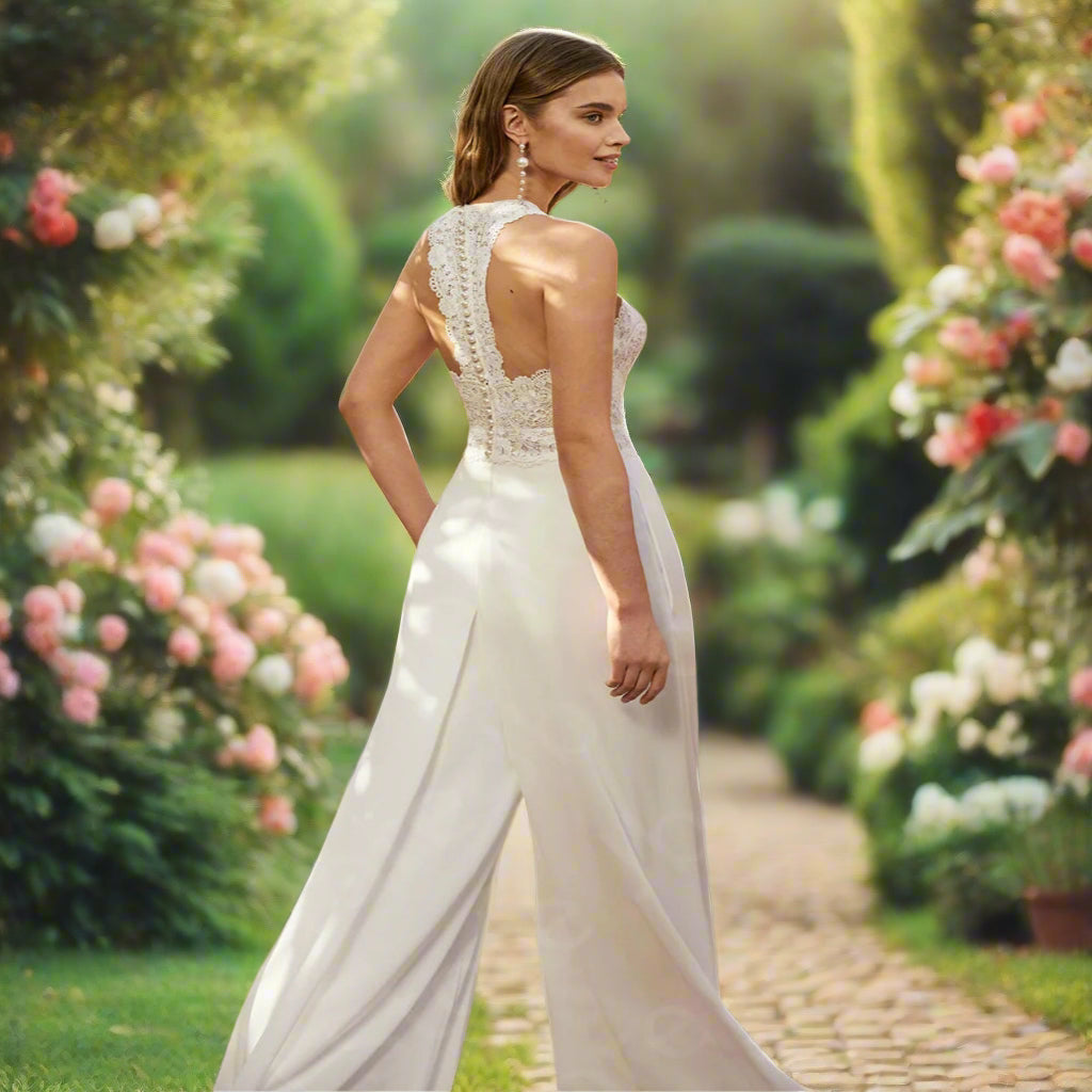 Lace Wedding Jumpsuit with Pearls