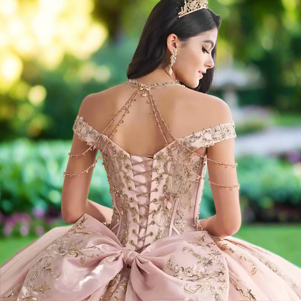 Sparkly Quinceanera Ball Gown with Gold Lace Applique & Beading