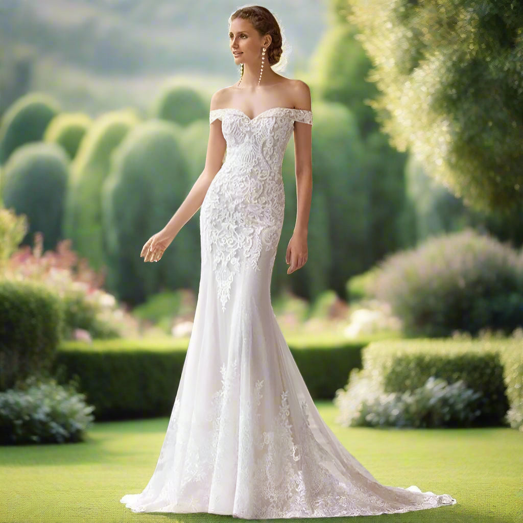 Off Shoulder Lace Wedding Dress with Detachable Train