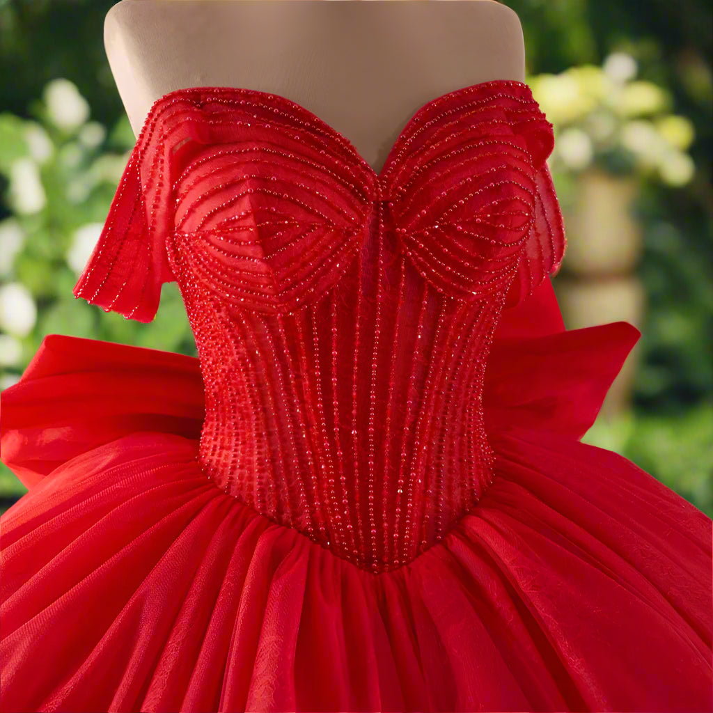 Red Crystal Beaded Off The Shoulder Quinceanera Gown