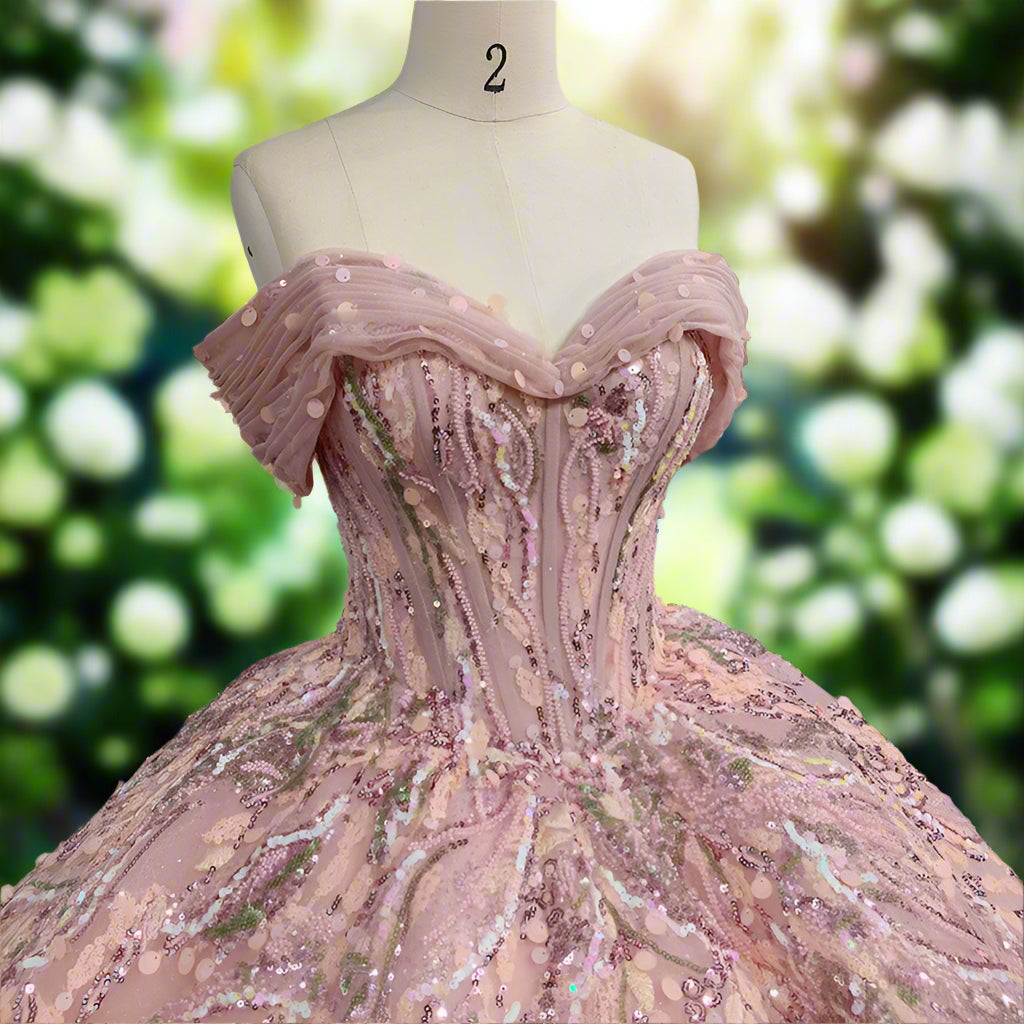 Pink Off The Shoulder Sequin Beaded Quinceanera Gown