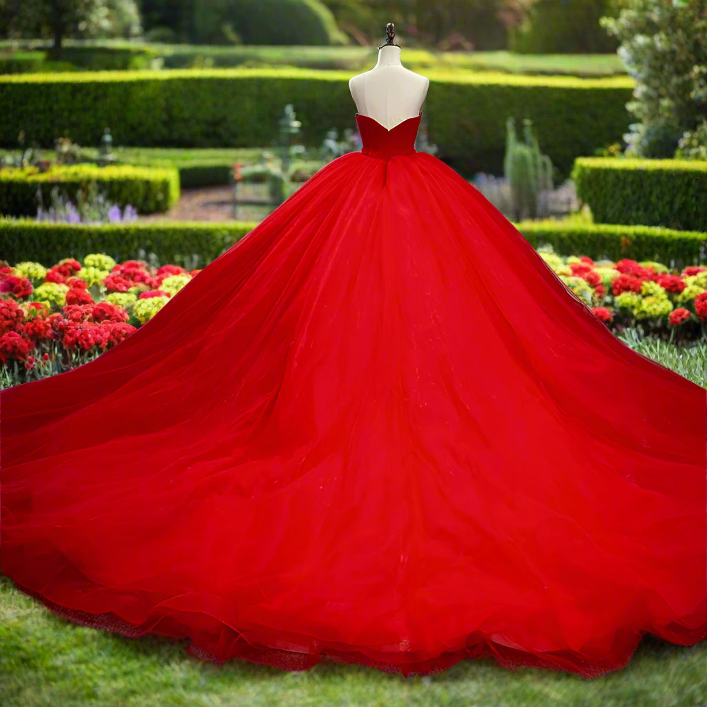 Red Tulle Strapless Quinceanera Gown