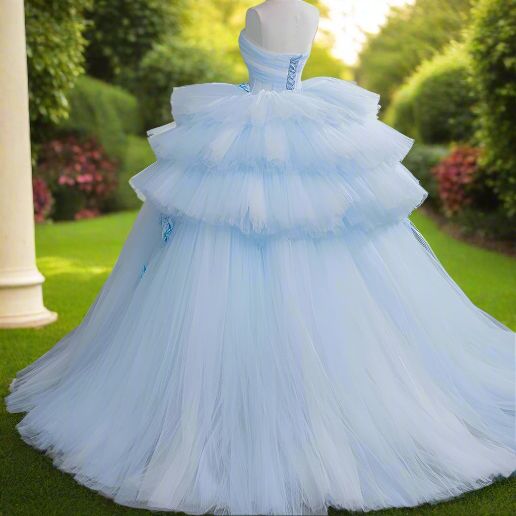 Blue Strapless Quinceanera Ball Gown with 3D Flowers