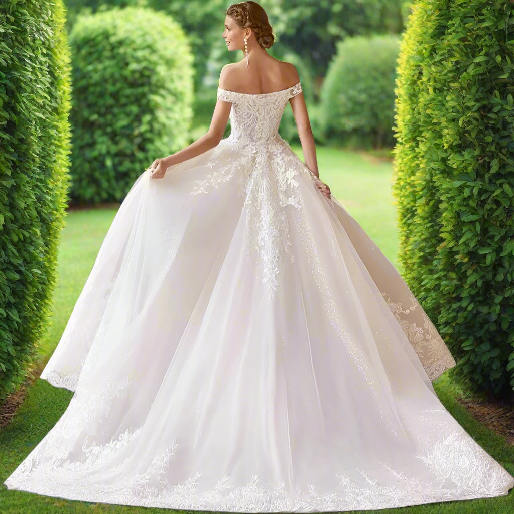Off Shoulder Lace Wedding Dress with Detachable Train