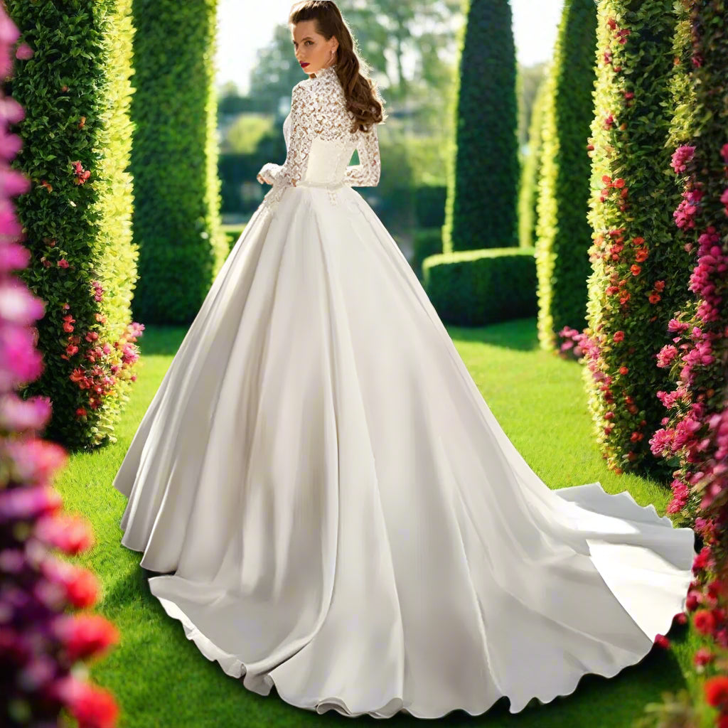 High Neck Lace Wedding Dress With Long Sleeves