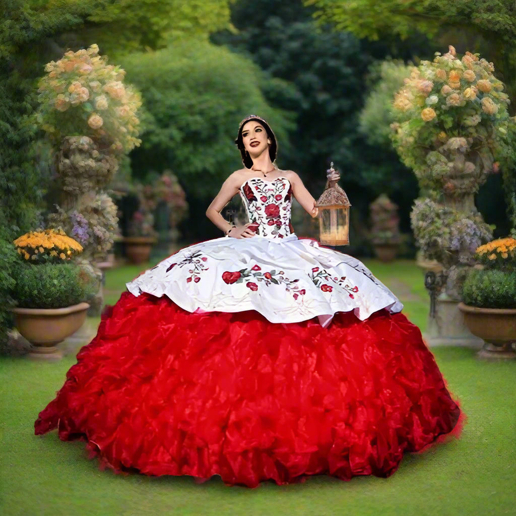 White & Red Mexican Charro Quinceanera Dress