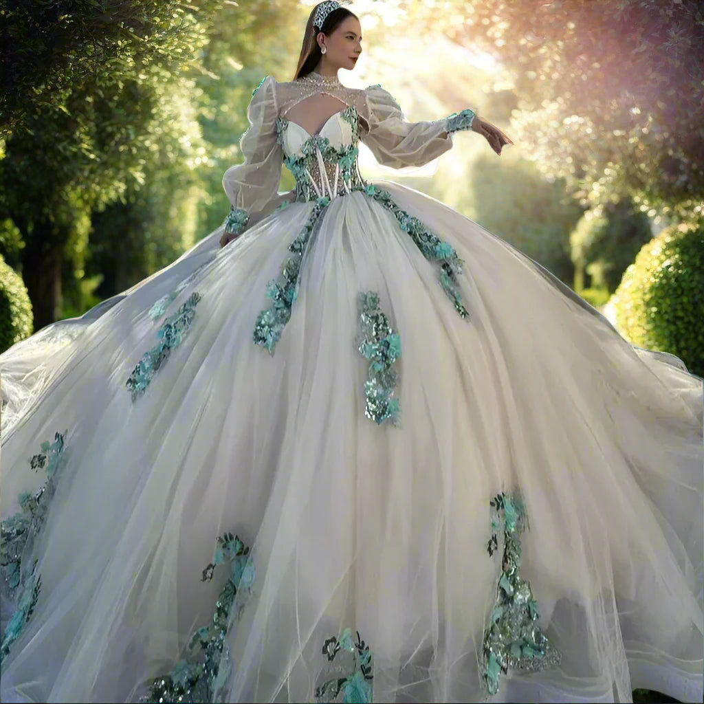 Strapless Quinceanera Gown with Removable Sleeves and 3D Flowers