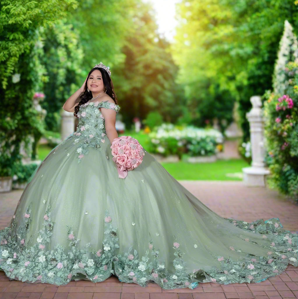 Mint Green Off The Shoulder Quinceanera Gown with 3D Flowers
