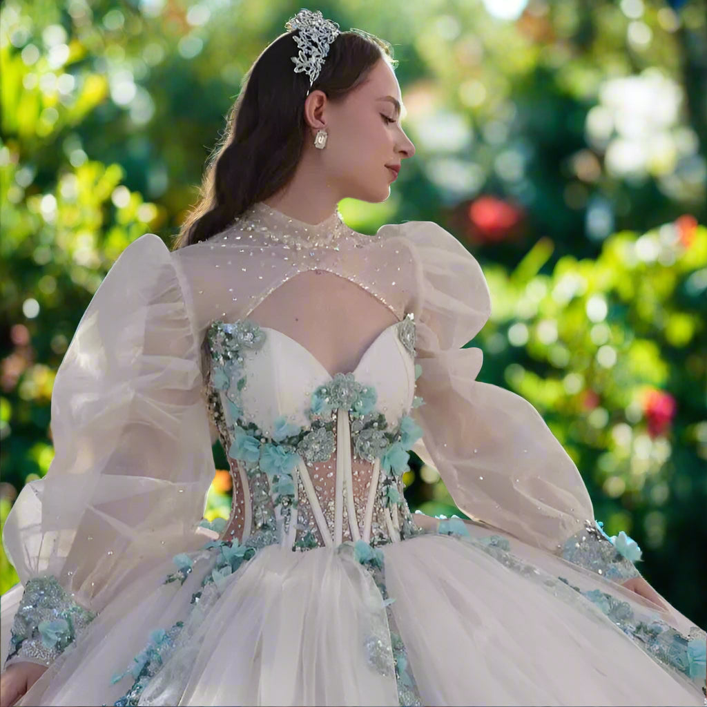 Strapless Quinceanera Gown with Removable Sleeves and 3D Flowers