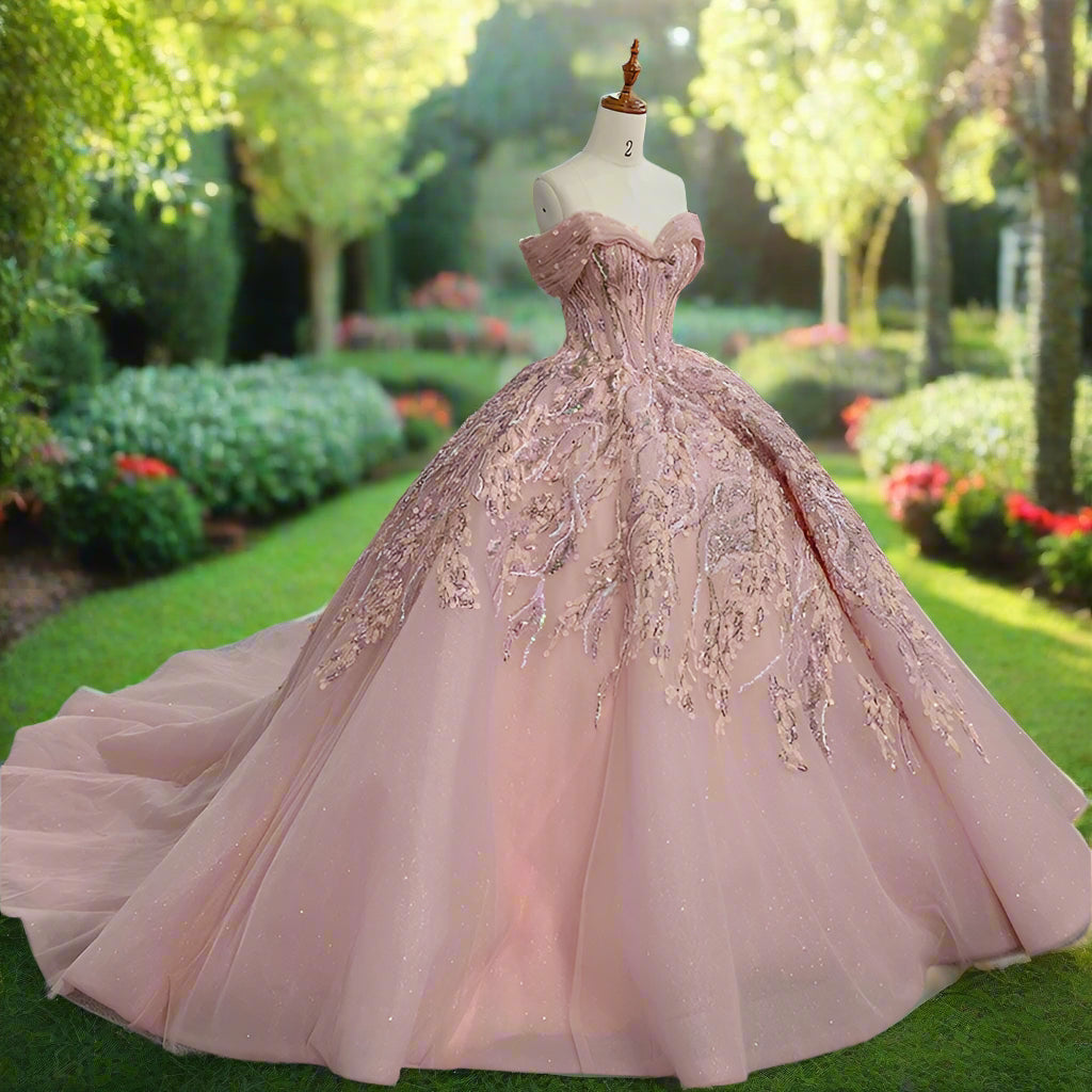 Pink Off The Shoulder Sequin Beaded Quinceanera Gown