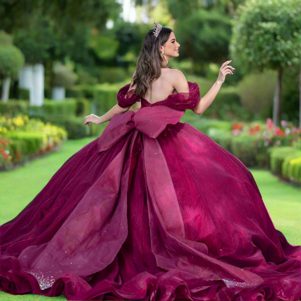 Sparkle Burgundy Off The Shoulder Quinceanera Gown with Bow Accent