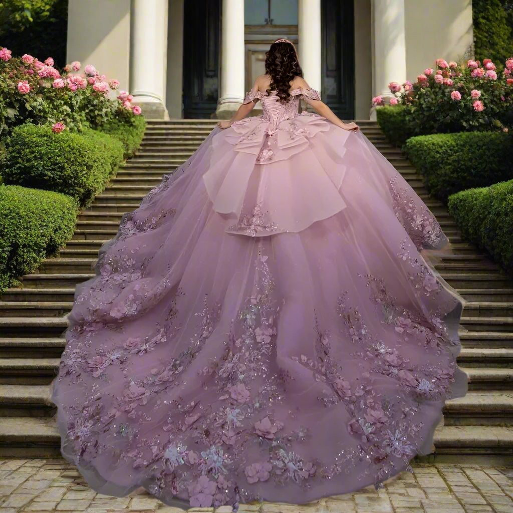 Pink Lace Up Off The Shoulder Quinceanera Dress