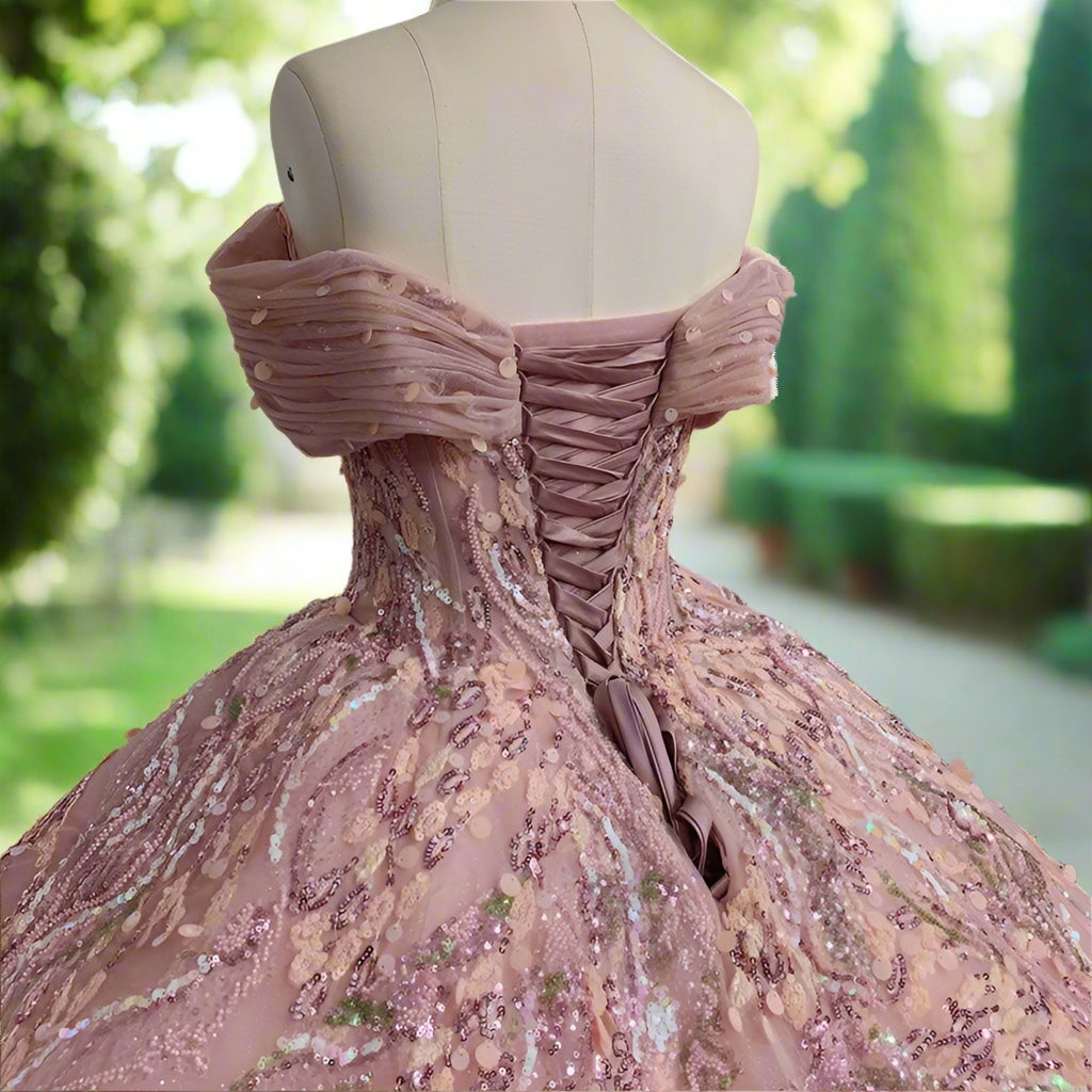 Pink Off The Shoulder Sequin Beaded Quinceanera Gown