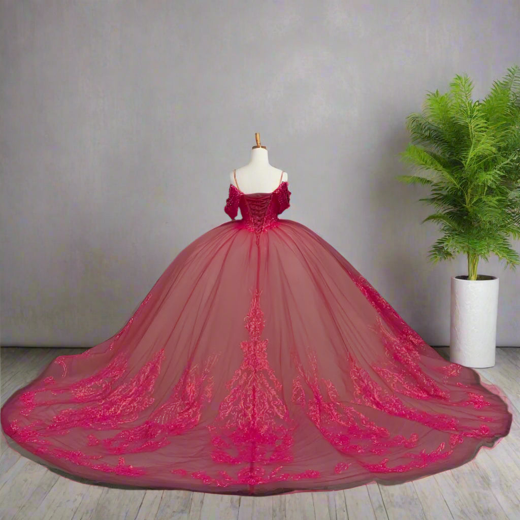 Pink Crystal Beaded Floral Off The Shoulder Quinceanera Gown