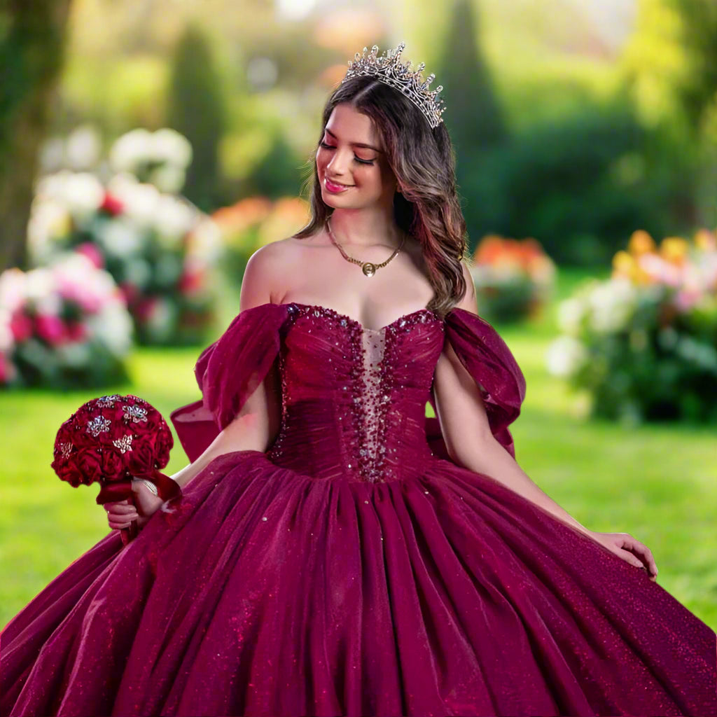 Sparkle Burgundy Off The Shoulder Quinceanera Gown with Bow Accent