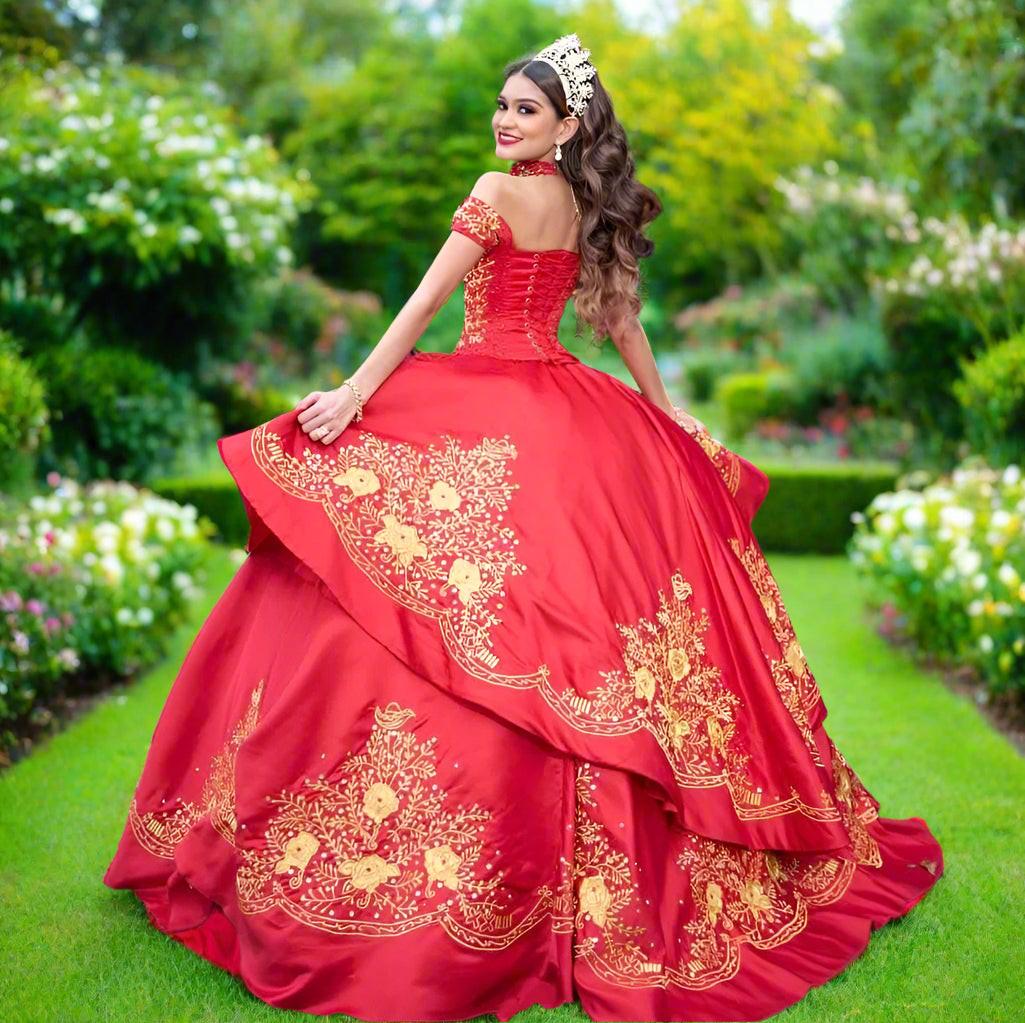 Red Off The Shoulder Mexican Charro Quinceanera Dress