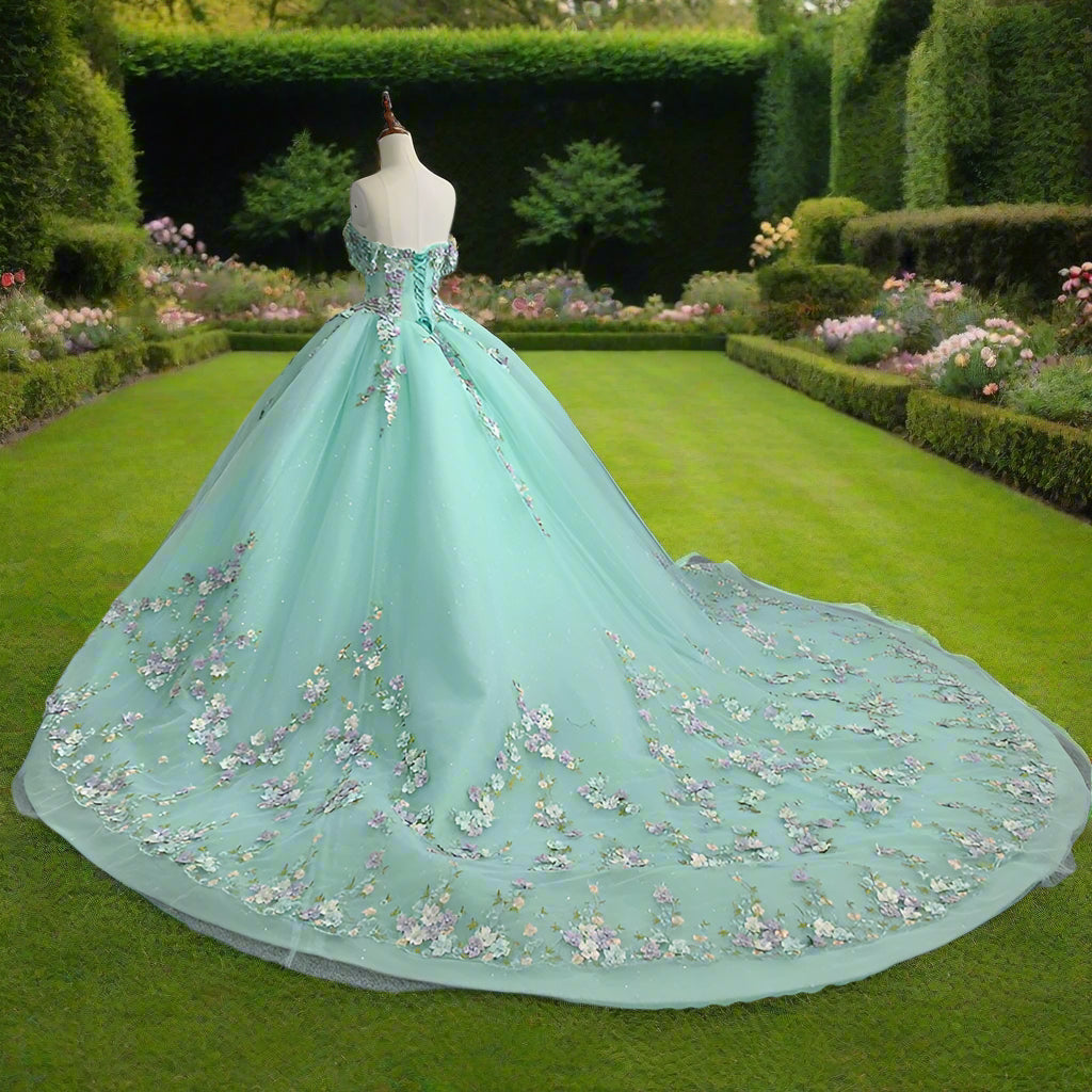 Teal Off The Shoulder Quinceanera Gown with 3D Flowers