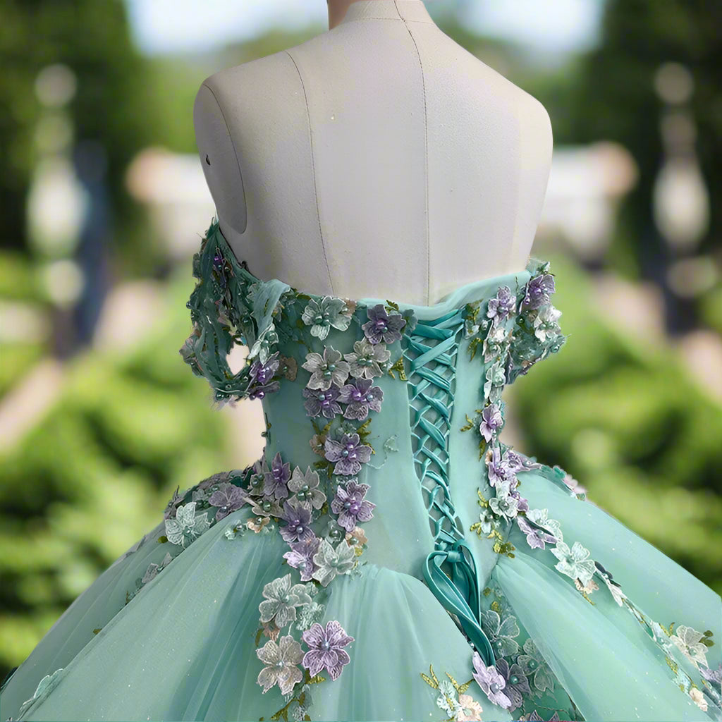 Teal Off The Shoulder Quinceanera Gown with 3D Flowers