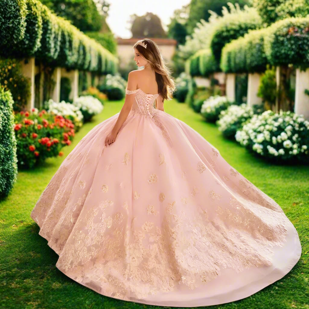 Pink Off The Shoulder Floral Quinceanera Gown