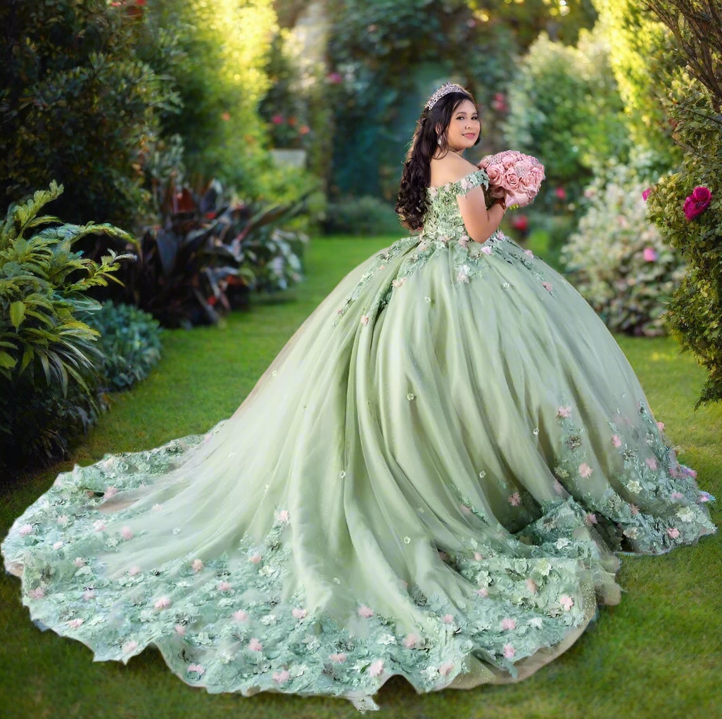 Mint Green Off The Shoulder Quinceanera Gown with 3D Flowers